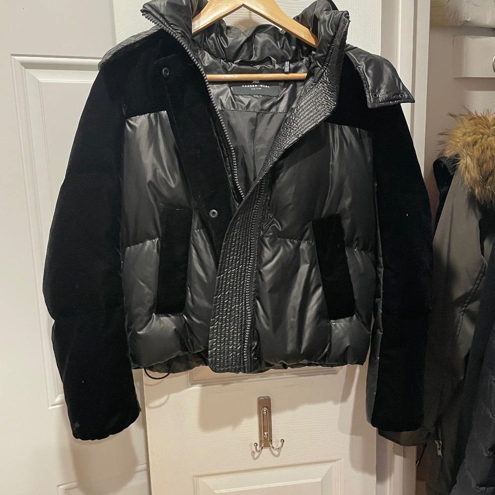 ANDREW MARC black Vega Velvet Trimmed Down Puffer Coat